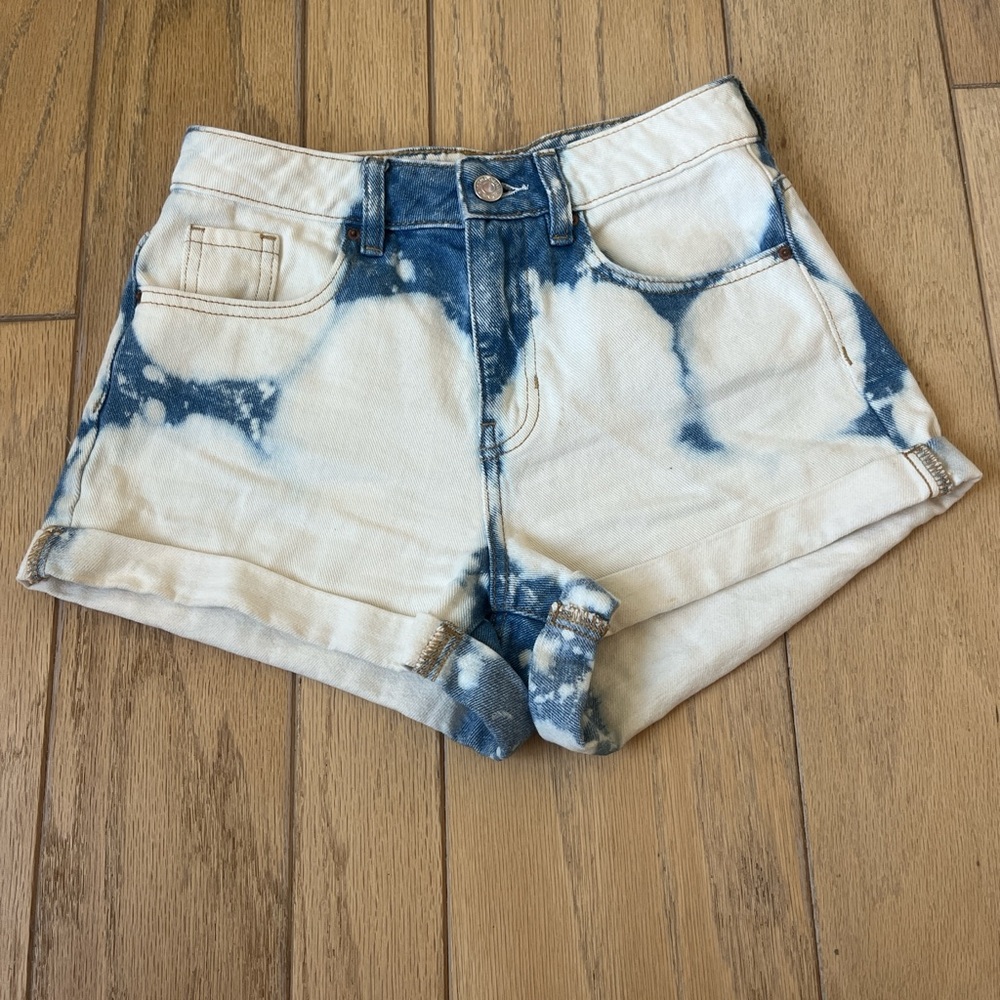 blue and white tie dye denim mom shorts